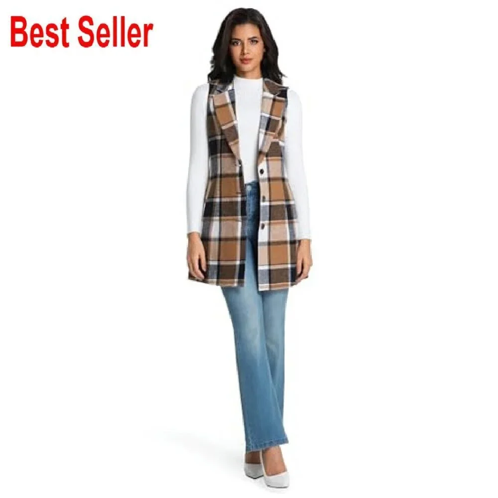 Long Wool Plaid Vest Sleeveless Blazer Trench Coat Classic Chic Fall Winter